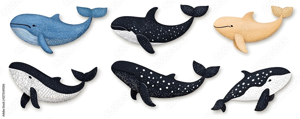 Obraz premium Colorful Cartoon Whales in Different Poses and Styles for Kids