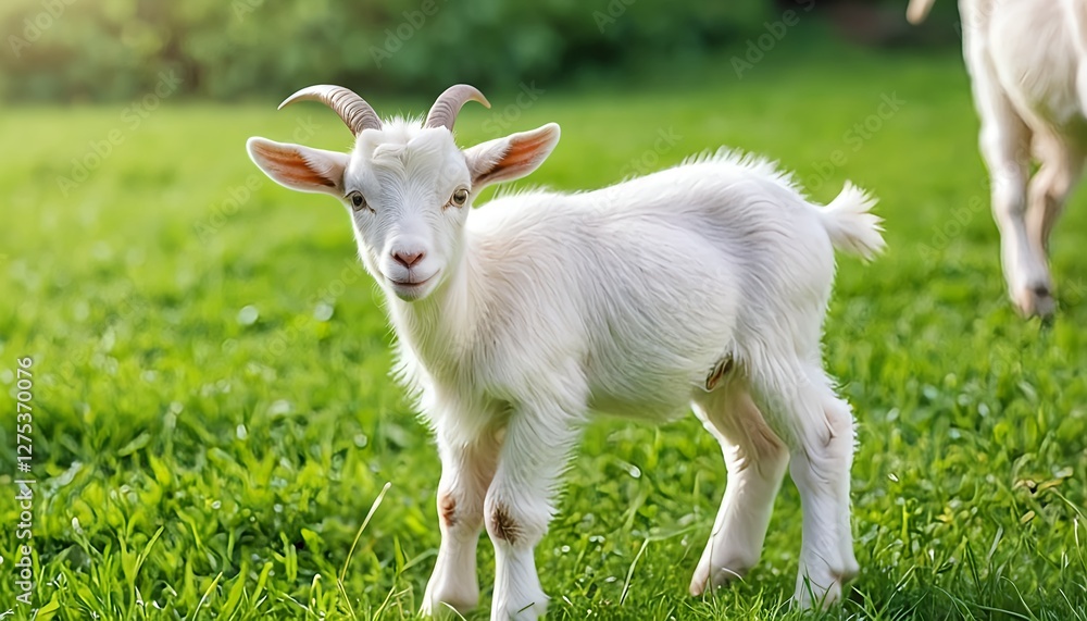 Adorable White Baby Goat in Green Pasture Adorable White Baby Goat in Green Pasture