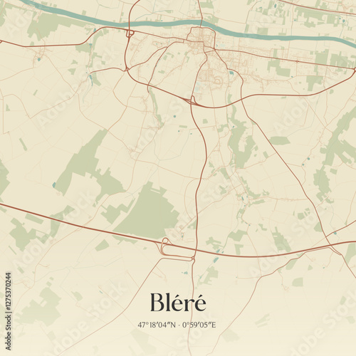 Vintage map of Bléré, France.