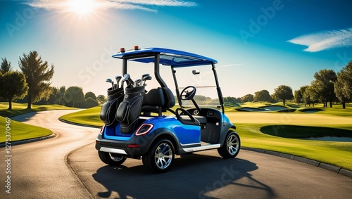 A golf blue car with clear sky and green landscape of golf field