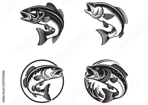 bass fish silhouette vector, fishing bass fish logo icon, bash fish jump silhouette vector, fishing logo illustration design vector, jumping bass fish on white background.