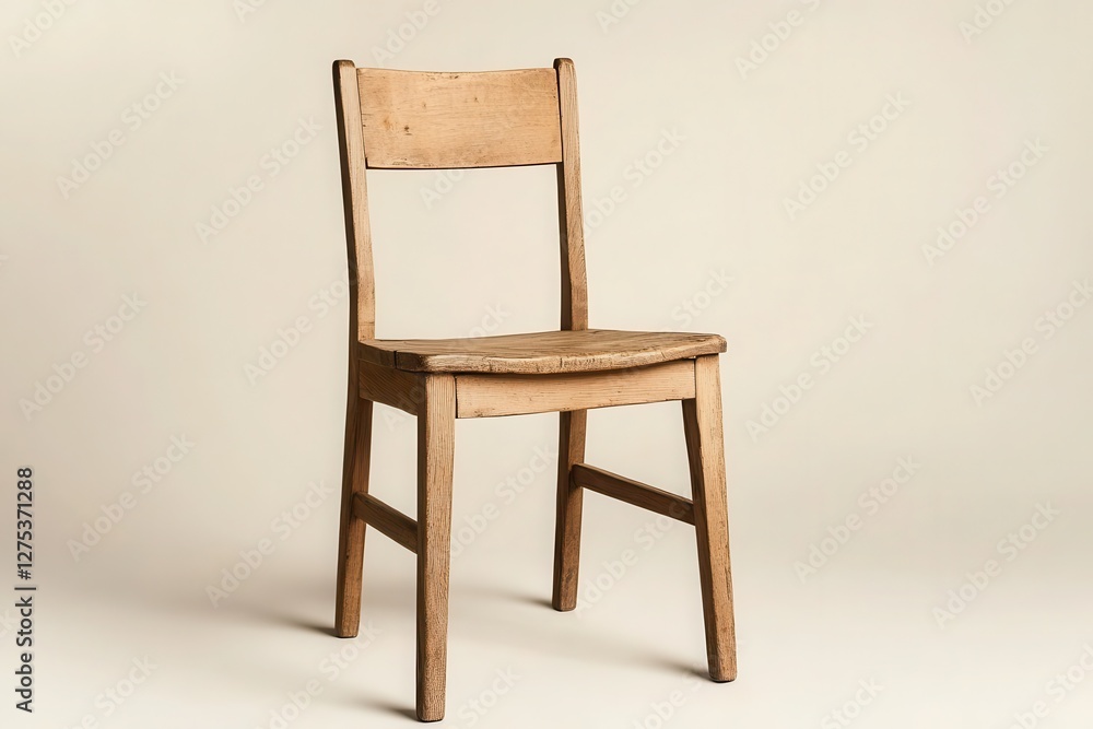 A minimalist shot of a single rustic wooden dining chair, placed slightly off-center on a light gray background. A minimalist shot of a single rustic wooden dining chair, placed slightly off-center on a light gray background.