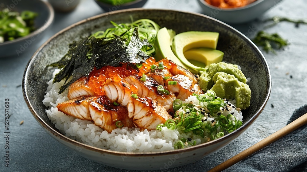 Japanese rice bowl with fish, avocado, and seaweed garnish Japanese rice bowl with fish, avocado, and seaweed garnish