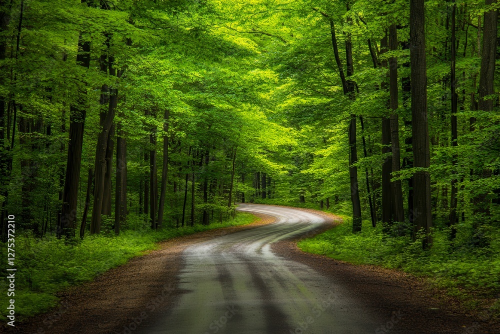 Fototapeta premium Scenic winding road through lush green forest invites exploration of nature's beauty and tranquility.