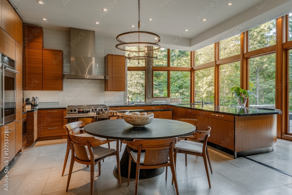 Fototapeta premium Modern kitchen, dining area, forest view, home interior design