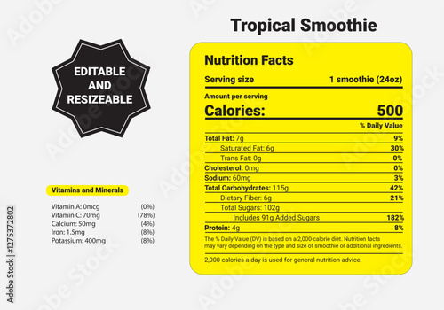 Tropical Smoothie Nutrition Facts, calories, total fat, saturated fat, trans fat, cholesterol