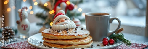 festive christmas breakfast with santa pancakes and coffee, holiday themed setup, cozy cheerful vibe, winter, happy photo