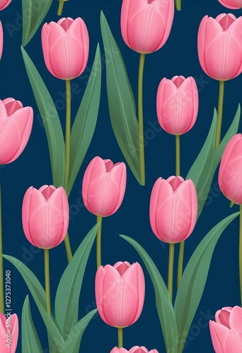 Wallpaper Mural Seamless Pattern of Pink Tulips on Dark Blue Background Torontodigital.ca