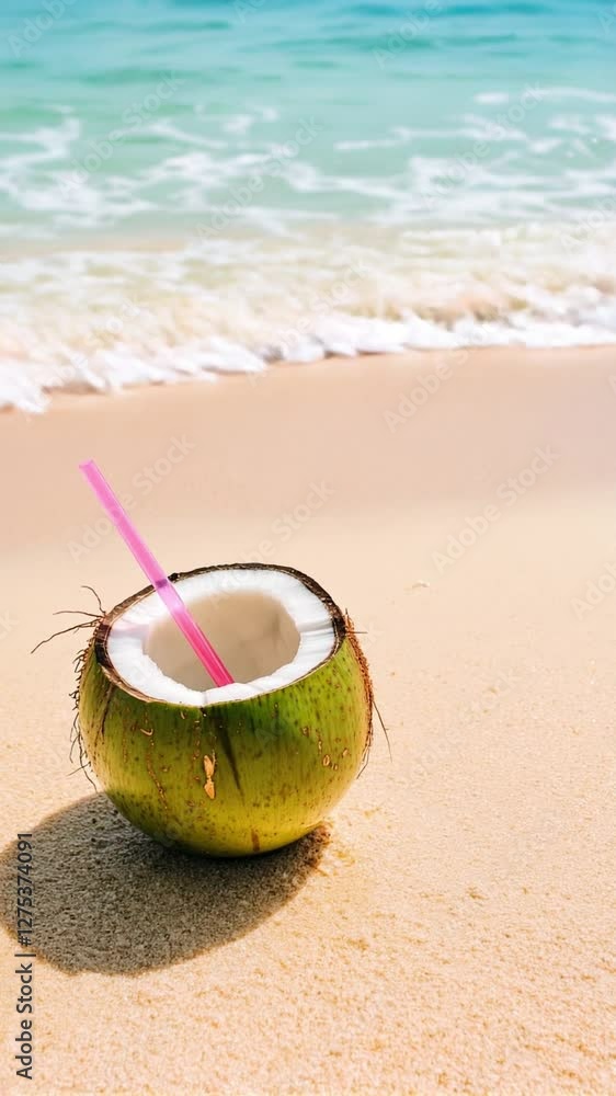 Tropical summer vibes Enjoy refreshing coconut drink on sandy beach with ocean waves gently lapping shore. Tropical summer vibes Enjoy refreshing coconut drink on sandy beach with ocean waves gently lapping shore.