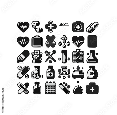 Medical, HIV Virus Organism and Healthcare Icons - Black and White Vector Set