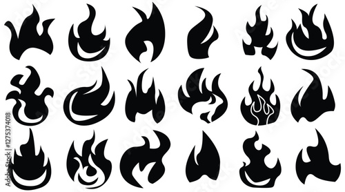 Set of simple flame vector icons. Campfire flame, fire flames, fireball, wildfire and red hot bonfire, red fiery flames.