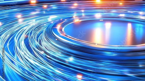 Fiber optic networks enhance speed with laser technology. Abstract blue light trails in a circular motion with glowing effects.