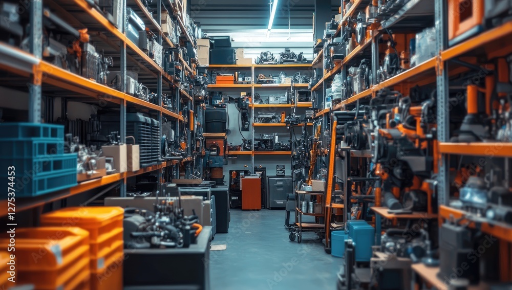 Fototapeta premium Industrial warehouse interior, storage shelves, tools, supplies