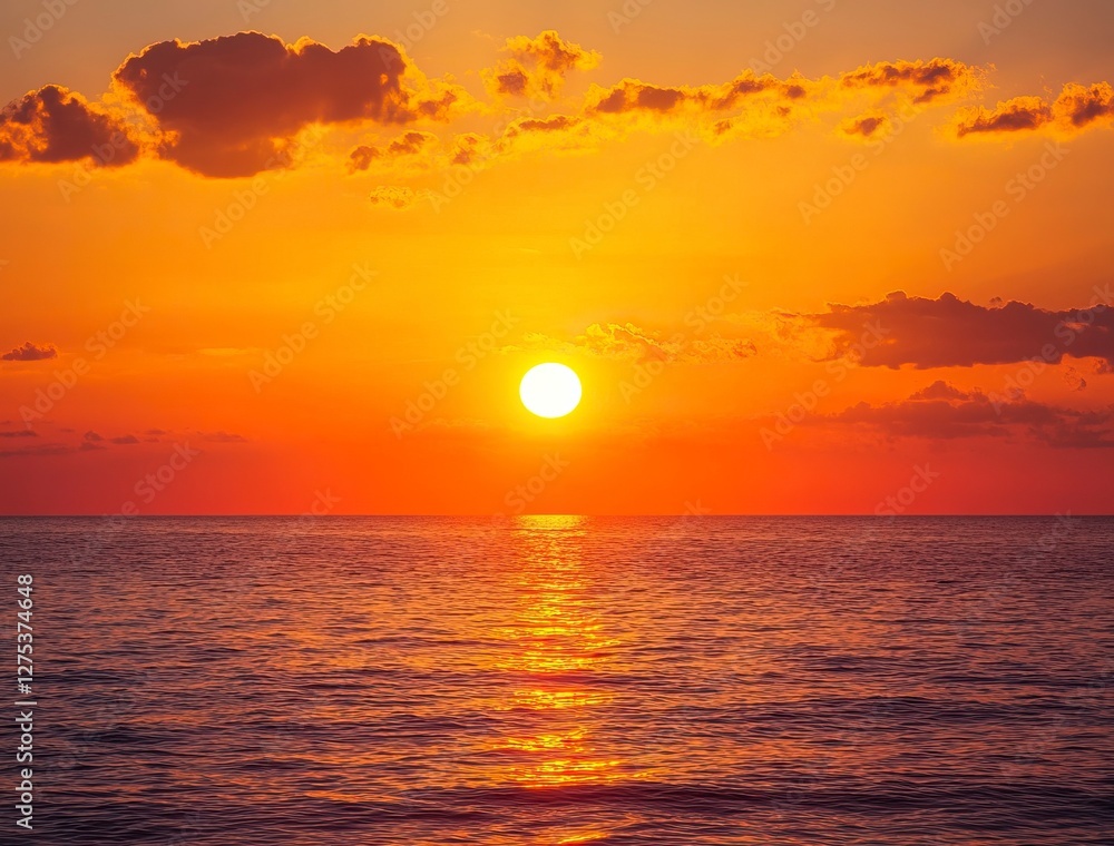 Beautiful sunset over the sea with an orange sky and golden clouds. A beautiful view of the natural landscape with copy space on the right side. The sun sets in a tropical island background. Beautiful sunset over the sea with an orange sky and golden clouds. A beautiful view of the natural landscape with copy space on the right side. The sun sets in a tropical island background.