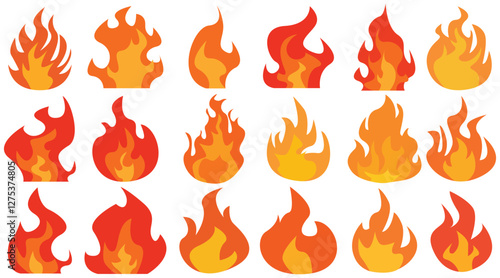 Set of simple flame vector icons. Campfire flame, fire flames, fireball, wildfire and red hot bonfire, red fiery flames.