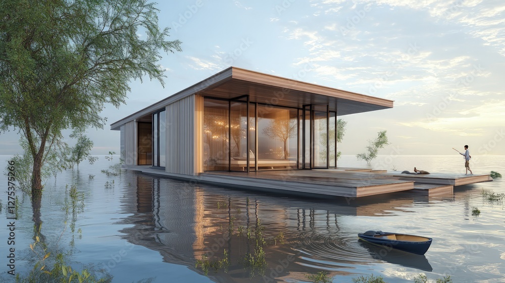Modern Floating House Surrounded by Calm Waters and Trees