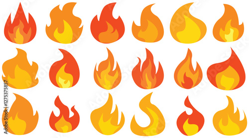 Set of simple flame vector icons. Campfire flame, fire flames, fireball, wildfire and red hot bonfire, red fiery flames.