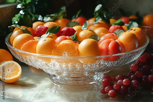 Assorted fresh fruits in glass bowl, kitchen countertop photo