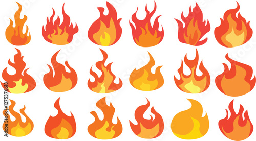 Set of simple flame vector icons. Campfire flame, fire flames, fireball, wildfire and red hot bonfire, red fiery flames.