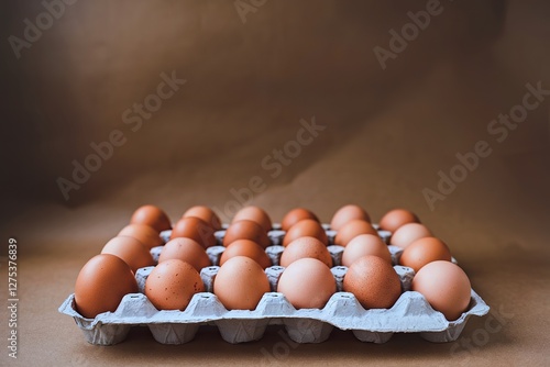 24 eggs in tray over brown background