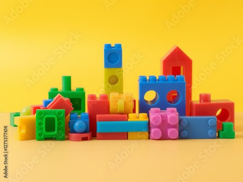 Colorful plastic building blocks toys and games with various shapes and sizes for creative play and construction, toys, games