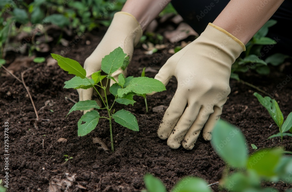 Hand of gardener seedling young a tree sapling in the fertile soil. Hands in yellow gloves is gardening. Farmer planting plants in the ground. Organic Cultivation. Free space for text. Planting ground Hand of gardener seedling young a tree sapling in the fertile soil. Hands in yellow gloves is gardening. Farmer planting plants in the ground. Organic Cultivation. Free space for text. Planting ground