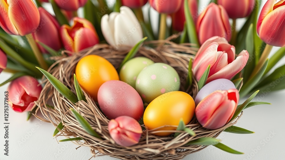 Colorful Easter Eggs in Nest with Tulips - Springtime Celebration Colorful Easter Eggs in Nest with Tulips - Springtime Celebration