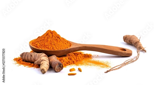 Dry turmeric powder or curcuma longa linn in wooden spoon isolated on white background photo