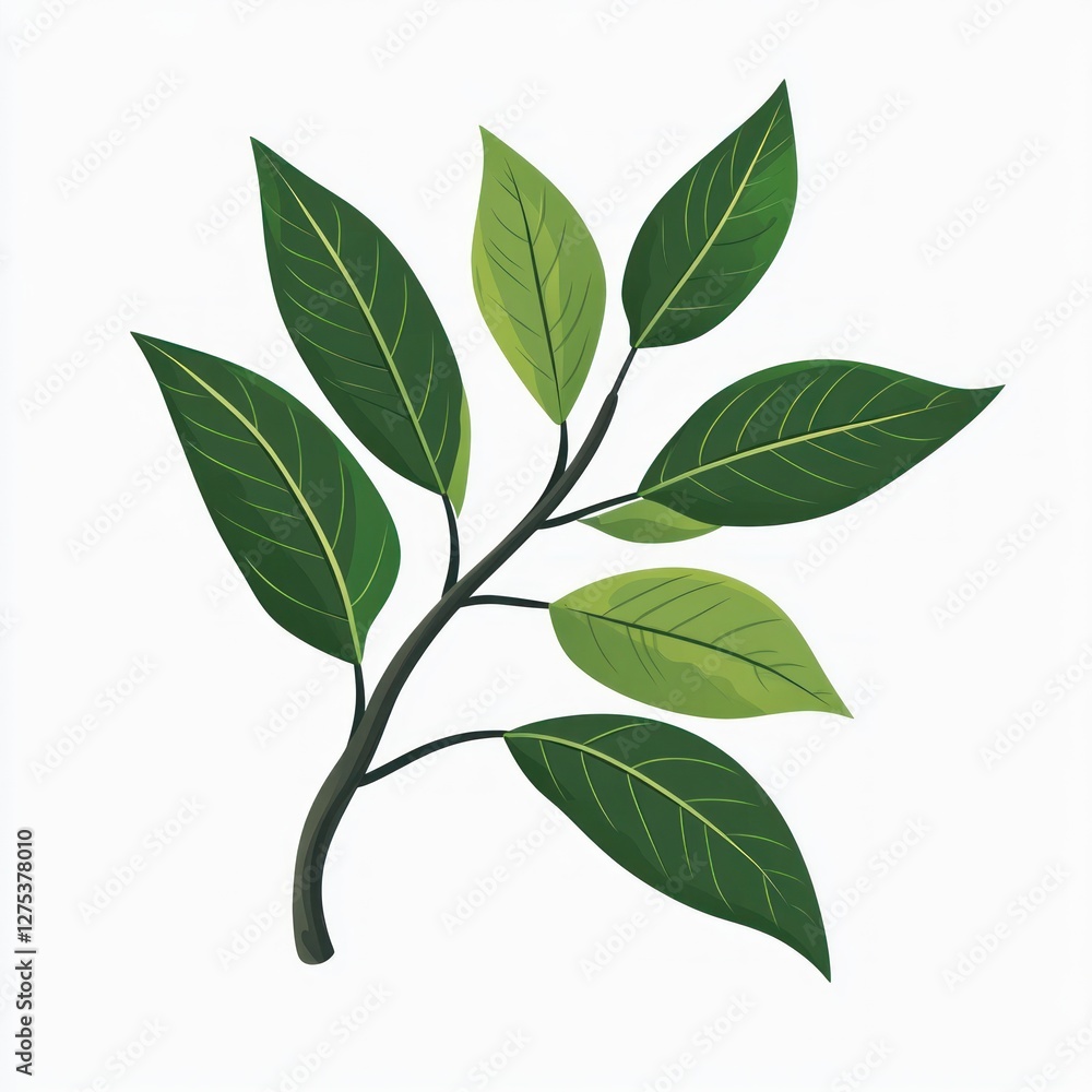 Fototapeta premium Sprig of vibrant green leaves with dark stem on white background.
