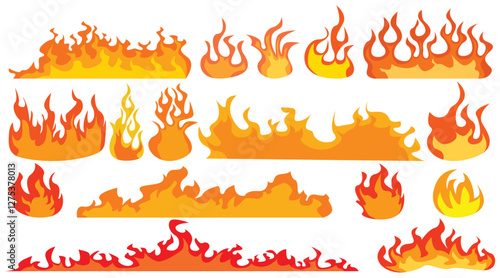 Set of simple flame vector icons. Campfire flame, fire flames, fireball, wildfire and red hot bonfire, red fiery flames.