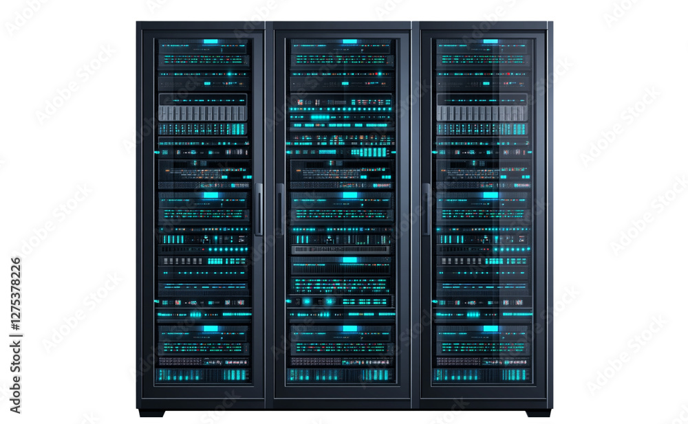 Multiple sleek server racks, representing cutting-edge modern technology and advanced data storage solutions, set against a transparent background. Multiple sleek server racks, representing cutting-edge modern technology and advanced data storage solutions, set against a transparent background.