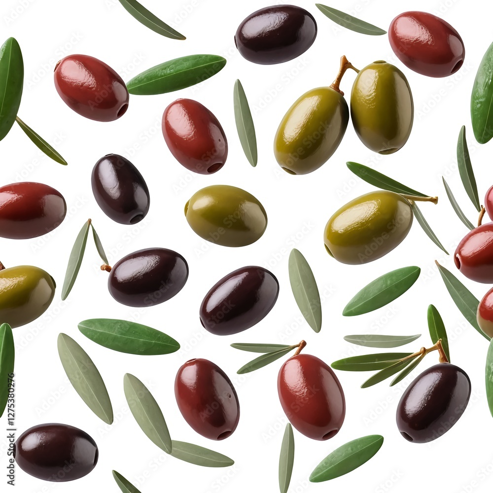 Falling Olives, Green, Black, Red Olives with Leaves Falling Olives, Green, Black, Red Olives with Leaves