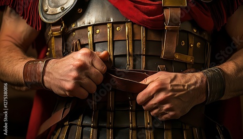 Roman soldier adjusting leather belt