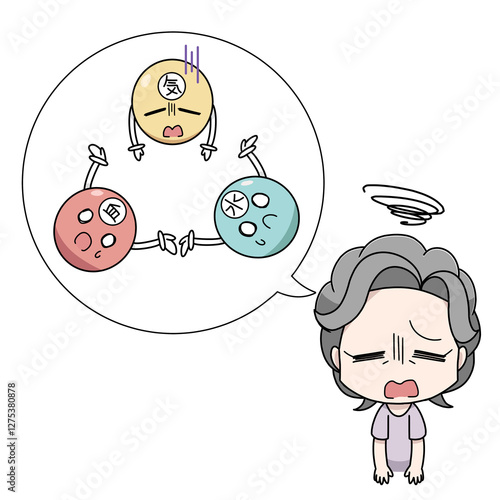気血水のバランスが崩れて体調の悪いイメージのイラスト・高齢女性