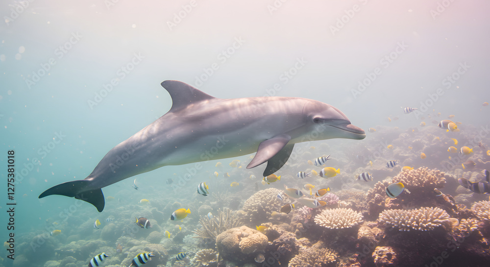 Fototapeta premium dolphin side view underwater background generative ai art