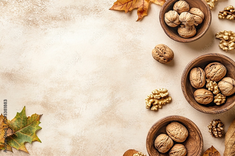 Four wooden bowls with walnuts on a beige background, top view. White space for text. On the table, there are also some leaves and nuts scattered around. High-resolution photography, Four wooden bowls with walnuts on a beige background, top view. White space for text. On the table, there are also some leaves and nuts scattered around. High-resolution photography,