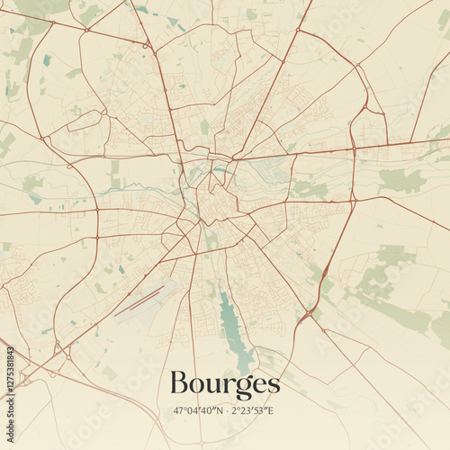 Vintage map of Bourges, France.