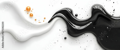 Abstract black and white liquid swirls with gold beads luxury cosmetic background