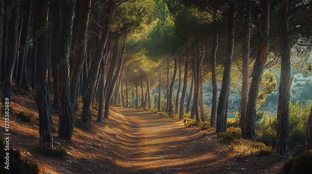 Fototapeta premium Sunlit Path Through Majestic Pine Tree Forest
