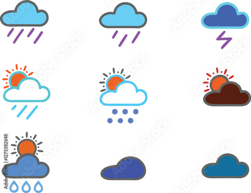 Weather icons simple line drawings thunderstorm illustration. weather, icon, sun, cloud, rain, vector.