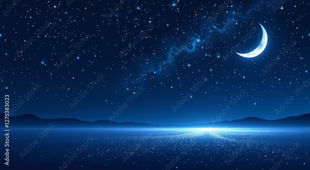 Naklejka premium Night Sky Ramadan Banner. Tranquil crescent moon & stars. Dreamy spiritual template for greetings, backgrounds, serene designs.