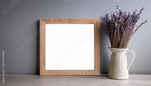 Square Wooden Frame Mockup for Artwork, Infusing Dry Lavender Hues in a Rustic Setting, Perfect for Home Decor or Digital Art Presentation.