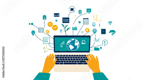 A person search global network for data. Digital connections between the earth and various icons representing different areas of business or technology
