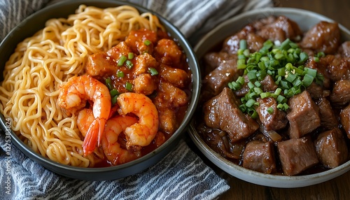 Asian Noodles & Beef Dishes on Table photo