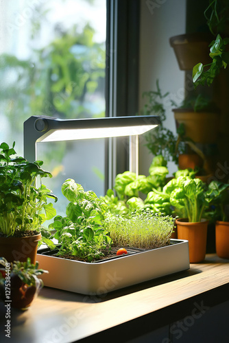 A cozy kitchen with a countertop hydroponic garden growing fresh herbs and vegetables