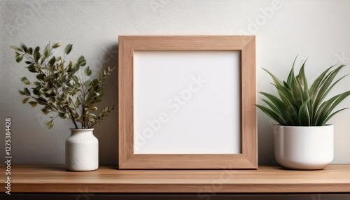 Square Wooden Frame Showcasing a Vibrant 3D Rendering of a Blooming Flower Vase and Natures Greenery, Infusing Warmth and Tranquility to the Scene.