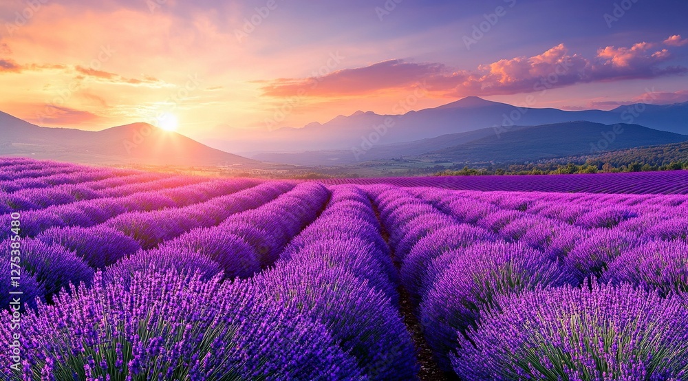 Lavender field at sunset in Provence, France. Beautiful summer landscape with blooming lavender flowers on the meadow in a purple color. Panoramic view of the colorful sky and clouds above the blue Lavender field at sunset in Provence, France. Beautiful summer landscape with blooming lavender flowers on the meadow in a purple color. Panoramic view of the colorful sky and clouds above the blue