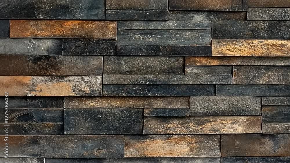 A textured wall made of dark stone tiles with varying shades and patterns. A textured wall made of dark stone tiles with varying shades and patterns.