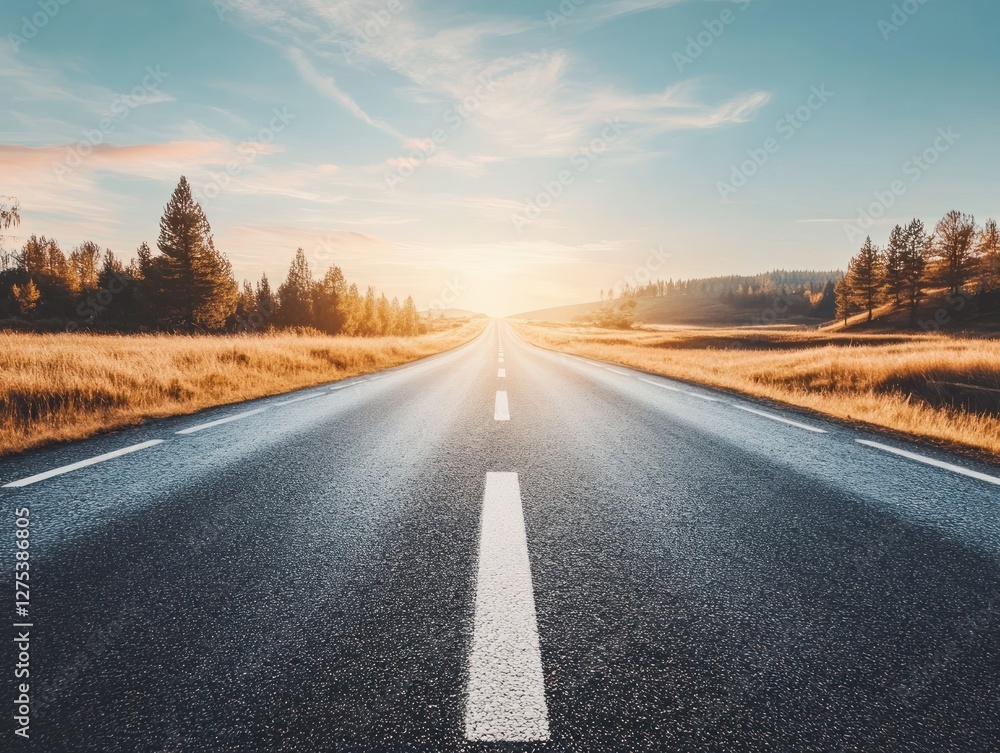 Fototapeta premium Serene Roadway Through Golden Fields at Sunset