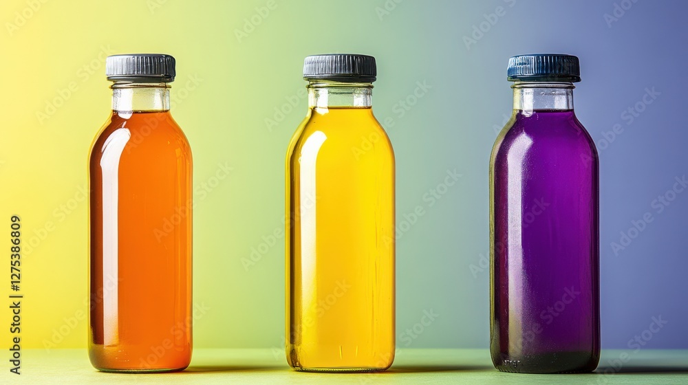 Three vibrant juice bottles in orange, yellow, and purple against a gradient background